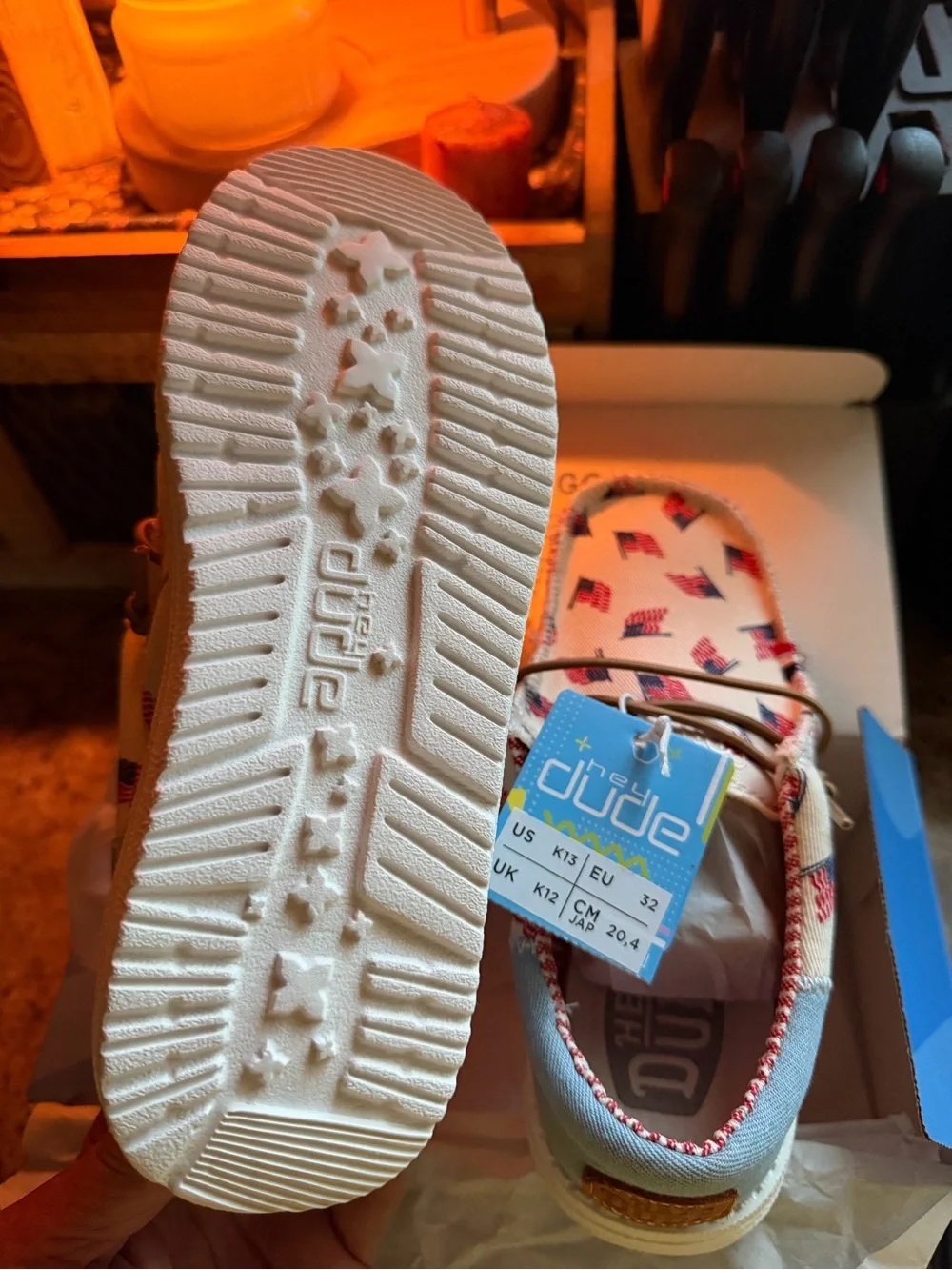 Hey Dude Kids Boat Shoes in Red, White and Blue Flag Print